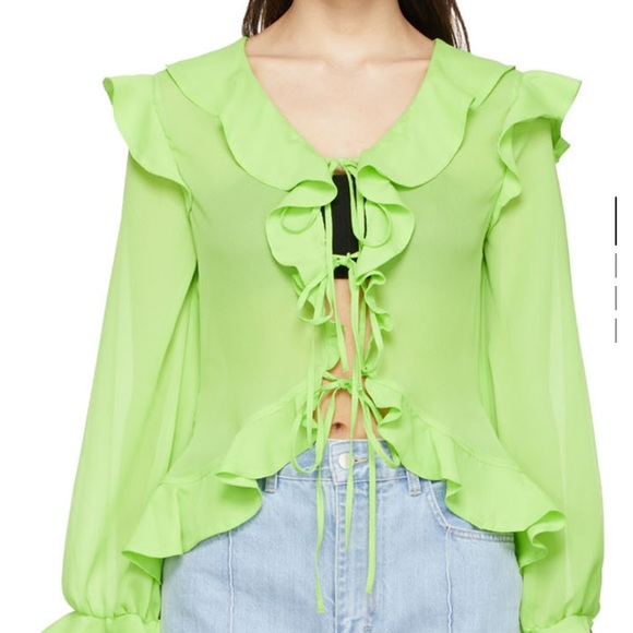 Ruffle Trim Sheer Blouse - Lime Green - Picture 3 of 4